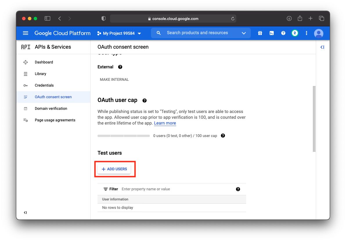google api add test user