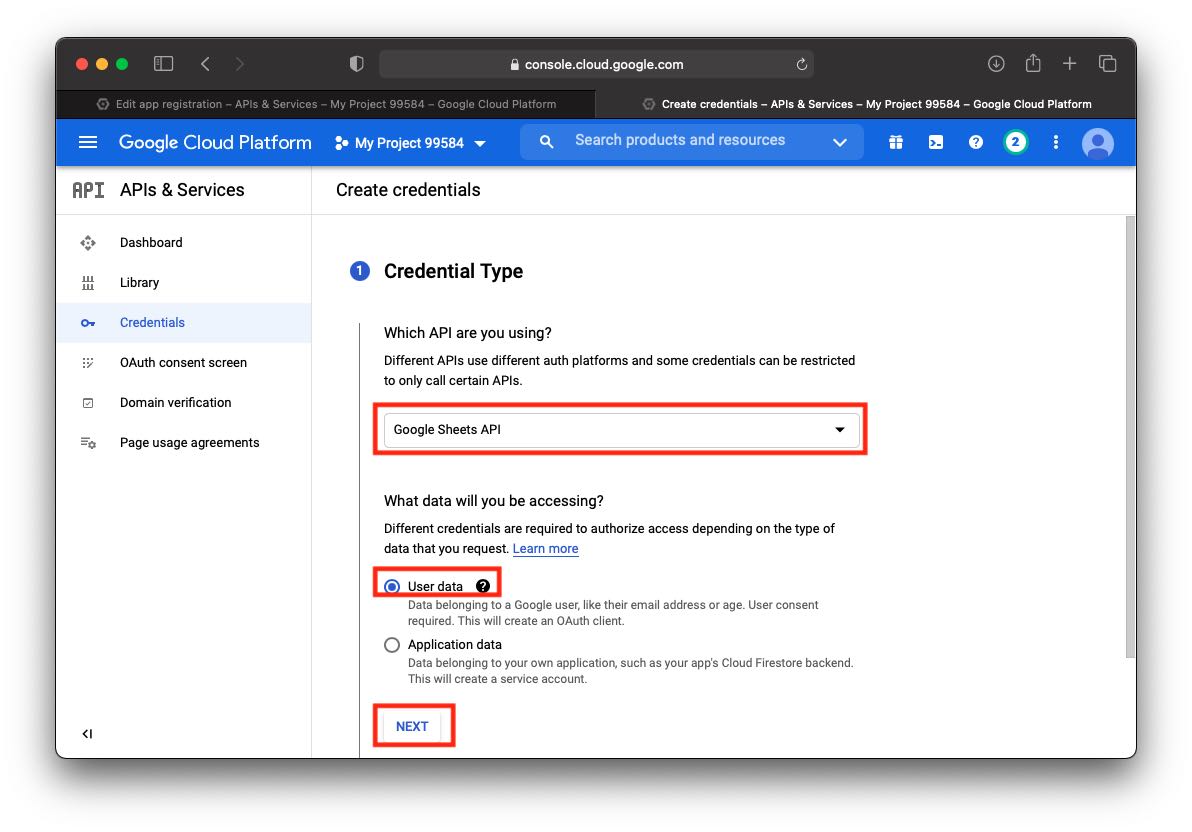 google api credential creation screen