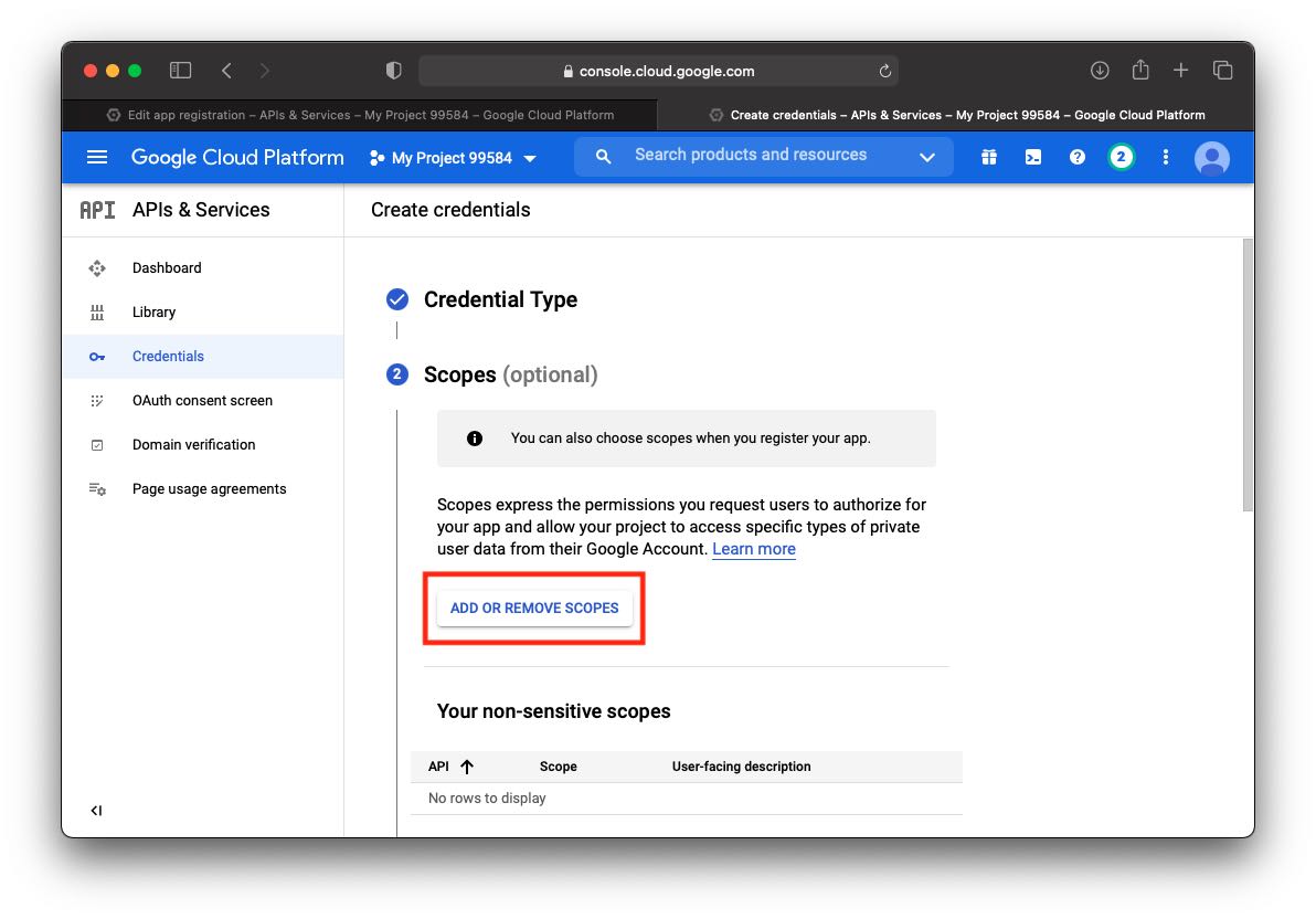 google api credential creation screen