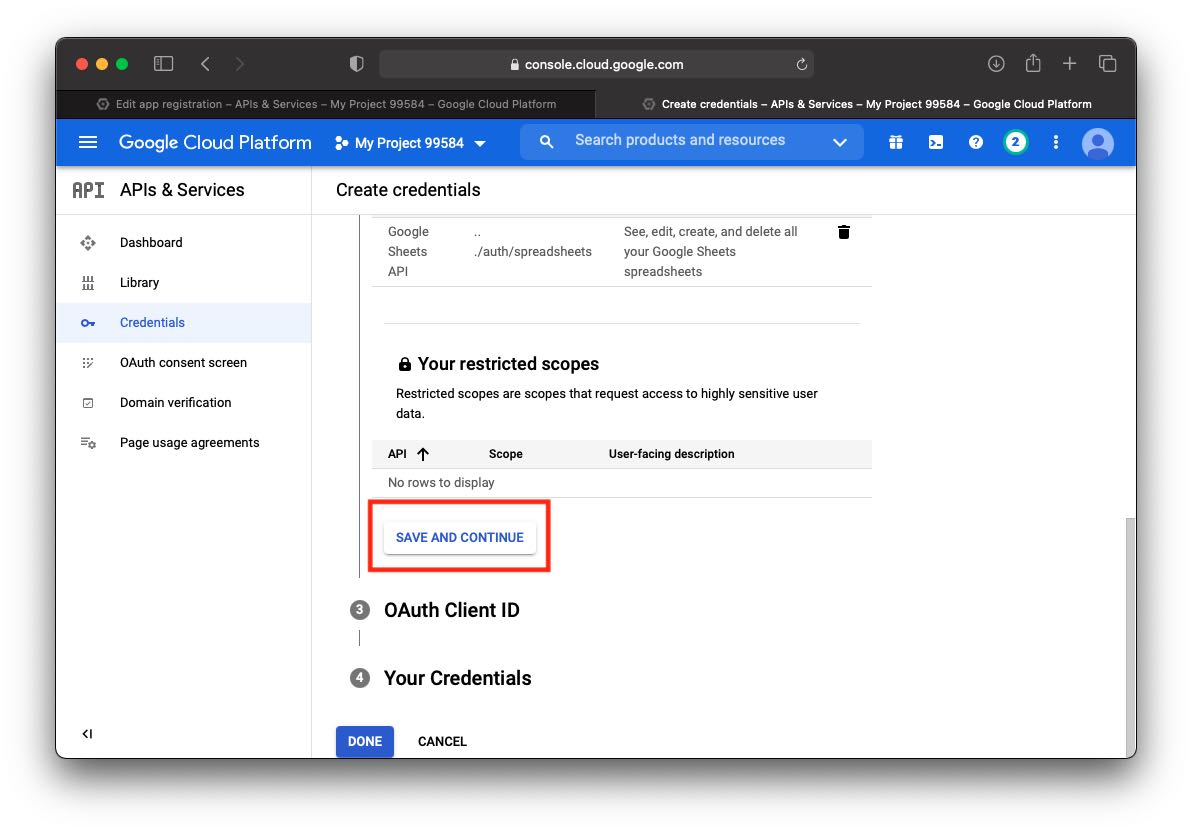 google api credential creation screen